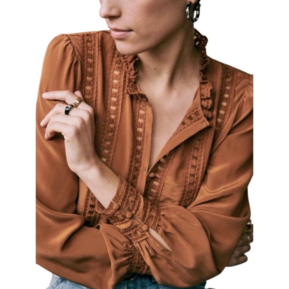SEZANE Women’s Boho Brown Silk Lace Trim Button Front Ling Sleeve Top